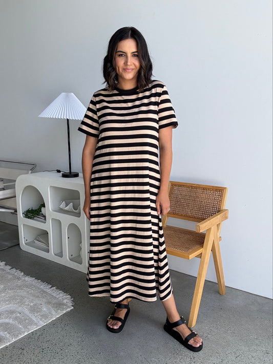 Cotton Jersey Stripe Dress Black/Beige