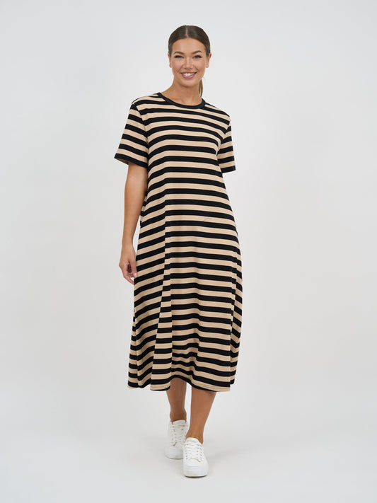 Cotton Jersey Stripe Dress Black/Beige