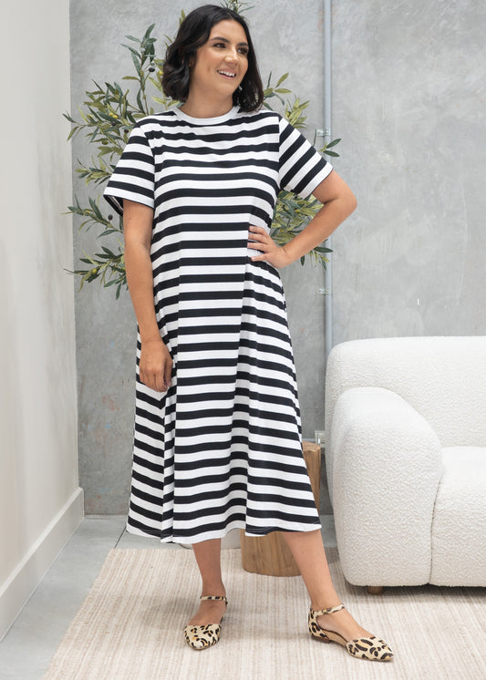 Cotton Jersey Stripe Dress Black/White