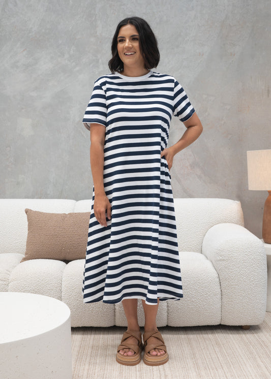 Cotton Jersey Stripe Dress Navy/White