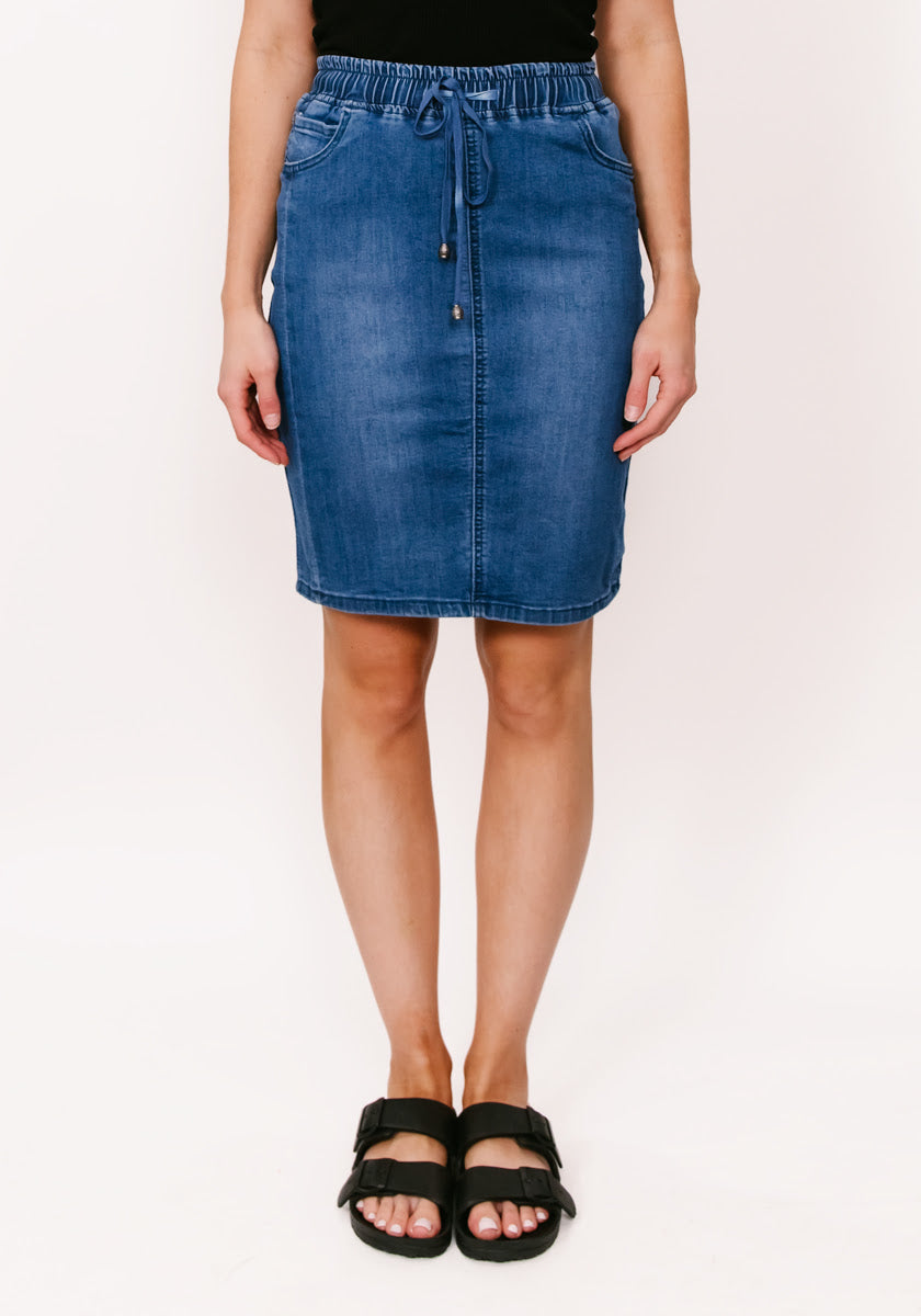 Aster Knee Length Denim Jogger Skirt Mid Blue